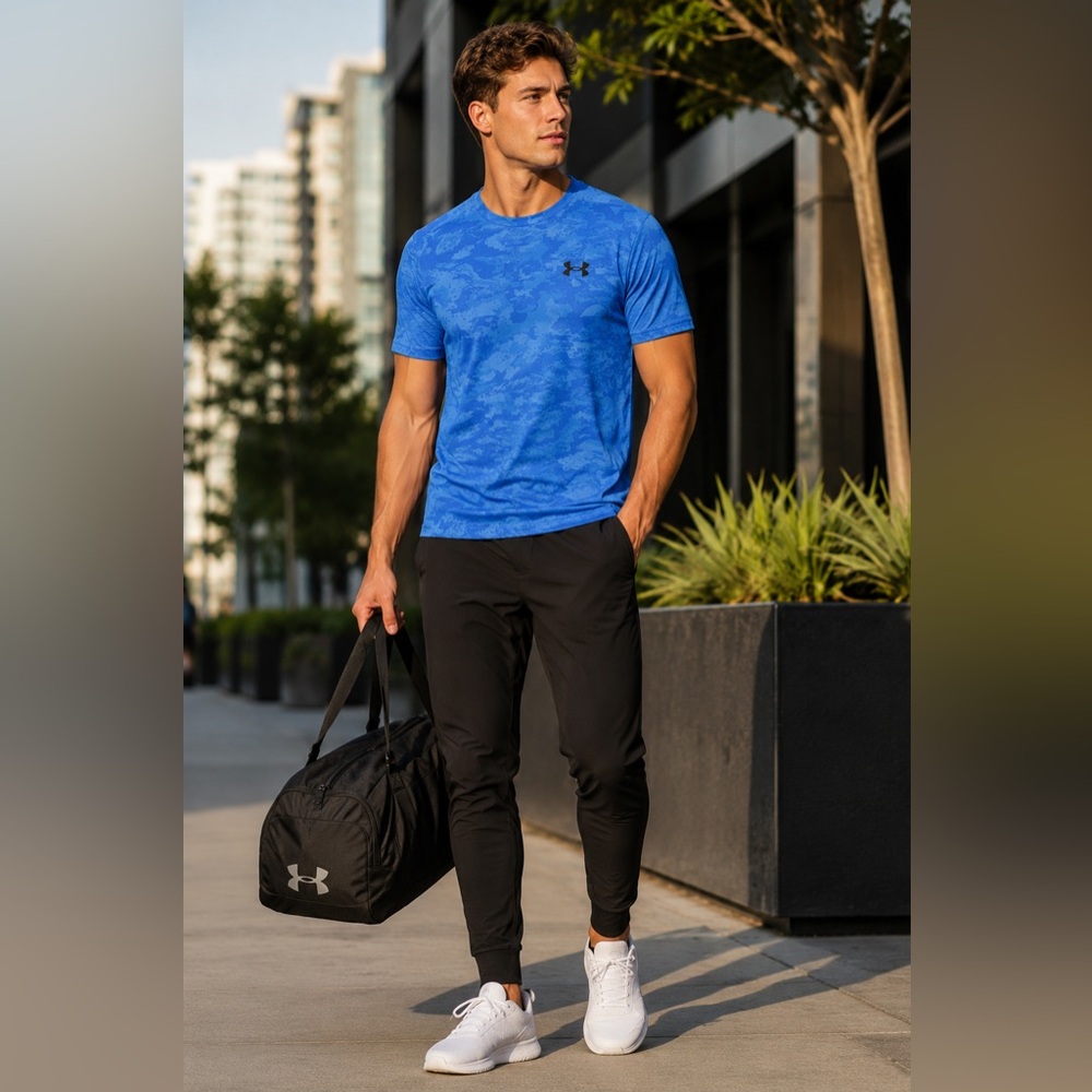 Under Armour HeatGear Blue Camo Athletic T-Shirt Men’s Medium Loose Fit